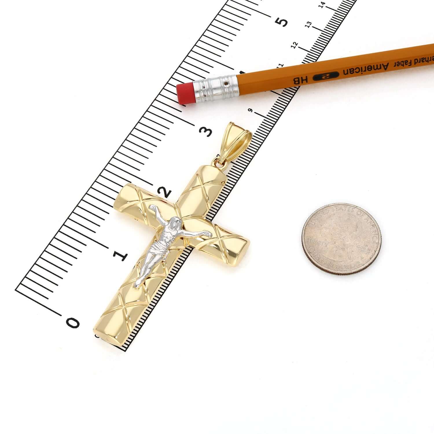 Handmade 14k Two-Tone Yellow & White Gold Jesus Crucifix Cross Pendant – 1.5 Inch With Bail
