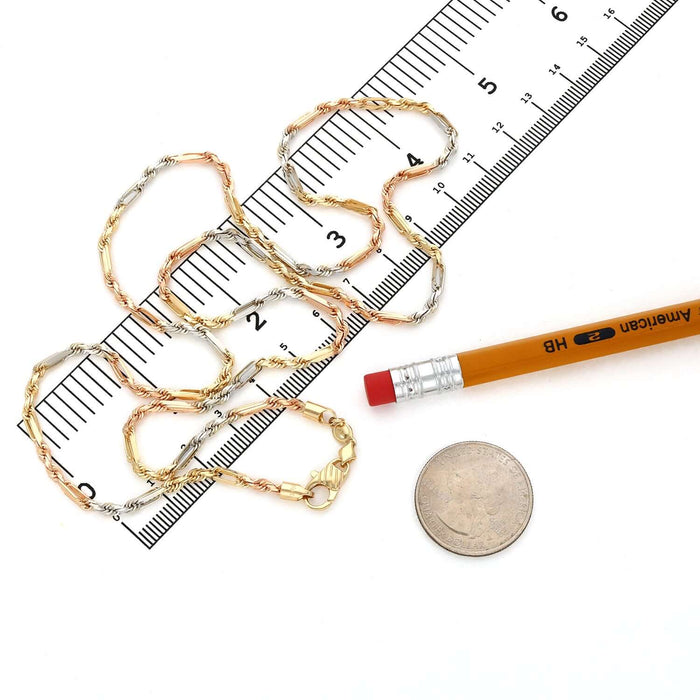 14K Tri - Color Gold Rose White 3mm Figarope Chain (Solid Links) 22" - 26" - WJD Exclusives