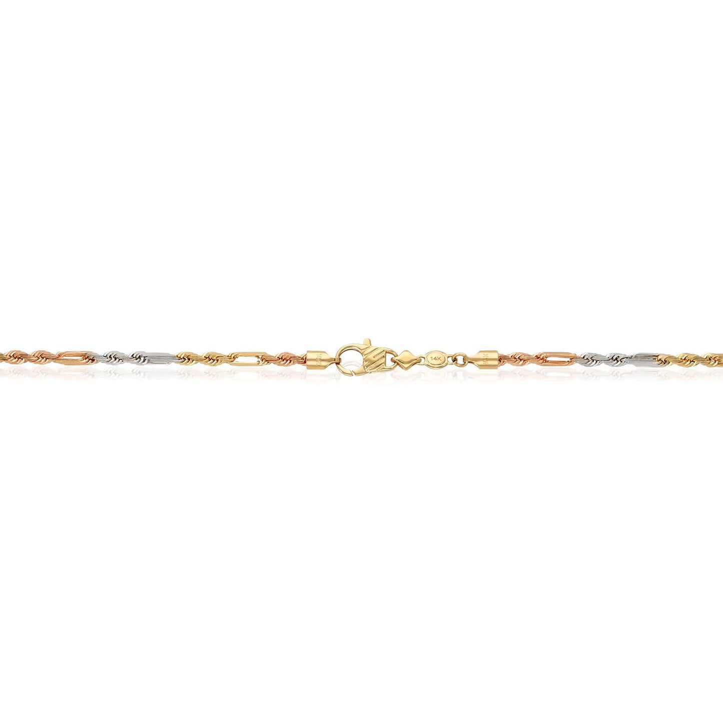 Real 14K Tri-Color Gold Rose White 3mm Figarope Chain 22" 24" 26"