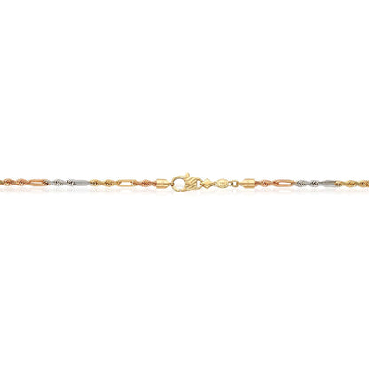 Real 14K Tri-Color Gold Rose White 3mm Figarope Chain 22" 24" 26"