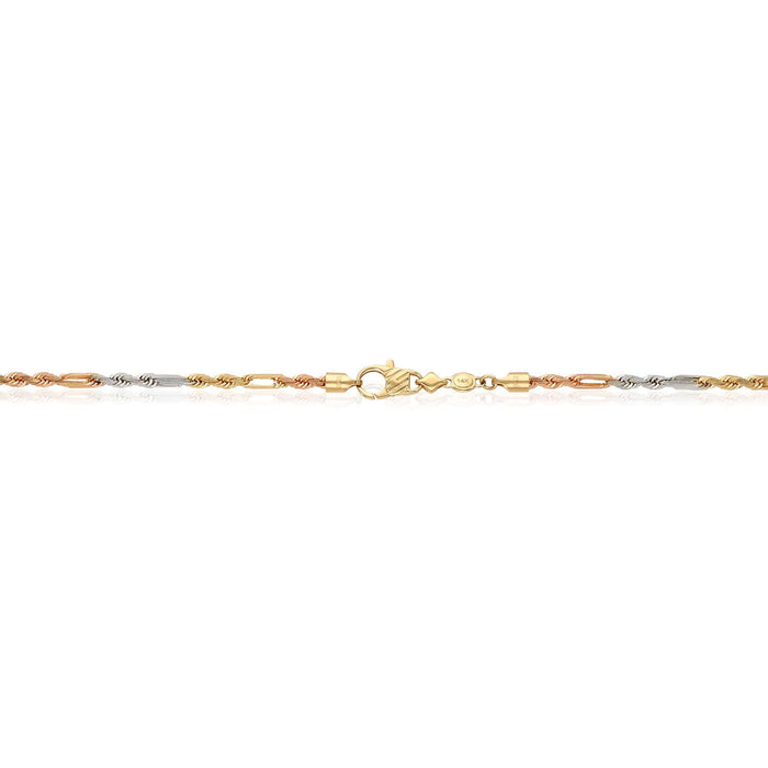 14K Tri - Color Gold Rose White 3mm Figarope Chain (Solid Links) 22" - 26" - WJD Exclusives
