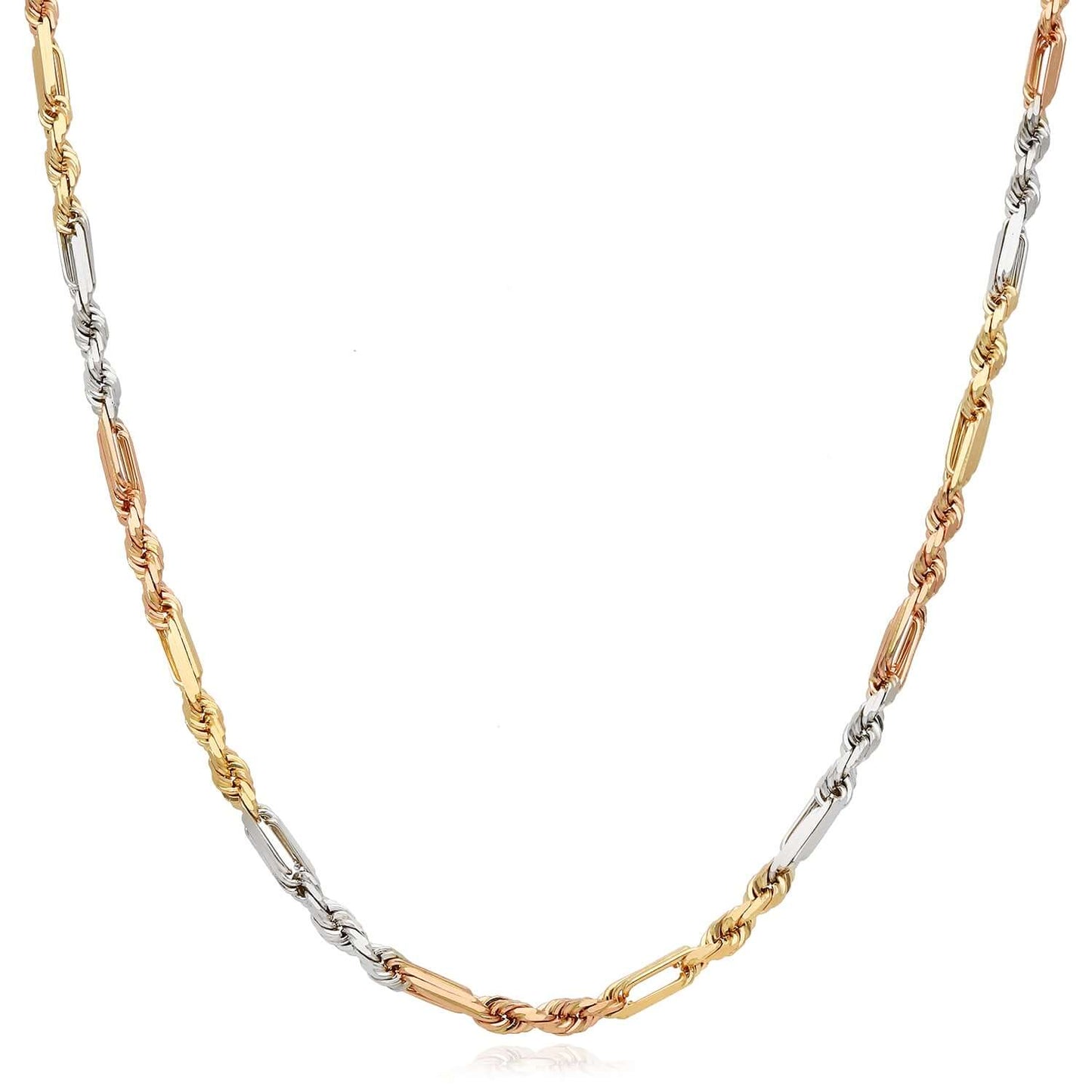 Real 14K Tri-Color Gold Rose White 3mm Figarope Chain 22" 24" 26"
