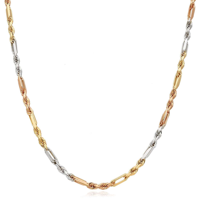 14K Tri - Color Gold Rose White 3mm Figarope Chain (Solid Links) 22" - 26" - WJD Exclusives