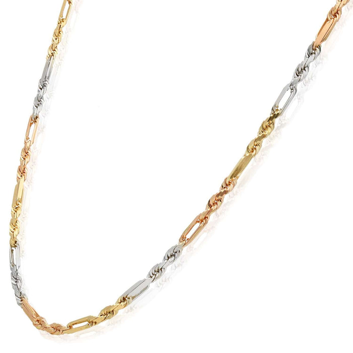 14K Tri - Color Gold Rose White 3mm Figarope Chain (Solid Links) 22" - 26" - WJD Exclusives