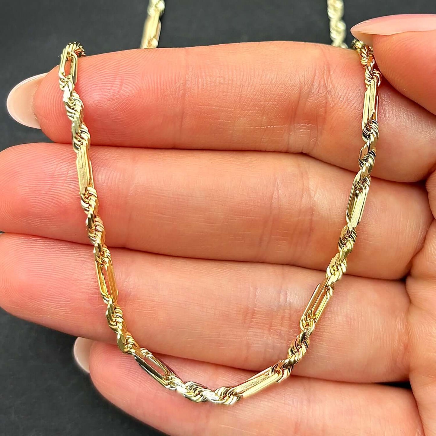 Real 14K Tri-Color Gold Rose White 3mm Figarope Chain 22" 24" 26"