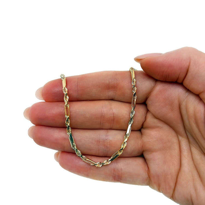 14K Tri - Color Gold Rose White 3mm Figarope Chain (Solid Links) 22" - 26" - WJD Exclusives