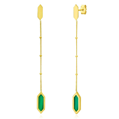 Real 14K Gold Black Onyx, Malachite, Mother of Pearl Hexagon Drop Earrings 2.3"
