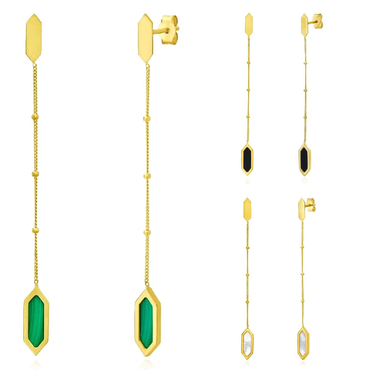 Real 14K Gold Black Onyx, Malachite, Mother of Pearl Hexagon Drop Earrings 2.3"