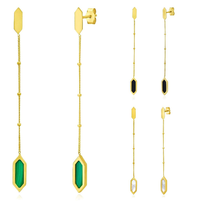 Real 14K Gold Black Onyx, Malachite, Mother of Pearl Hexagon Drop Earrings 2.3" - WJD Exclusives