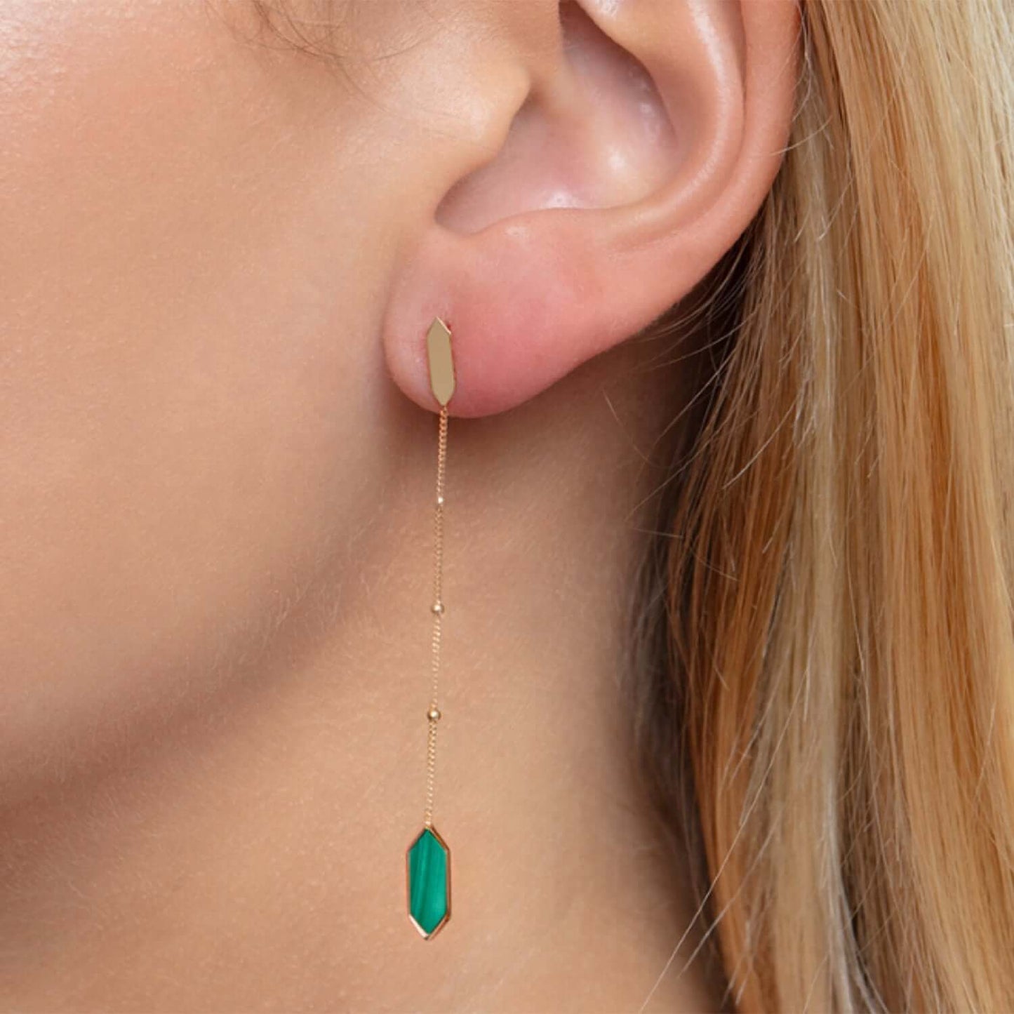 Real 14K Gold Black Onyx, Malachite, Mother of Pearl Hexagon Drop Earrings 2.3"