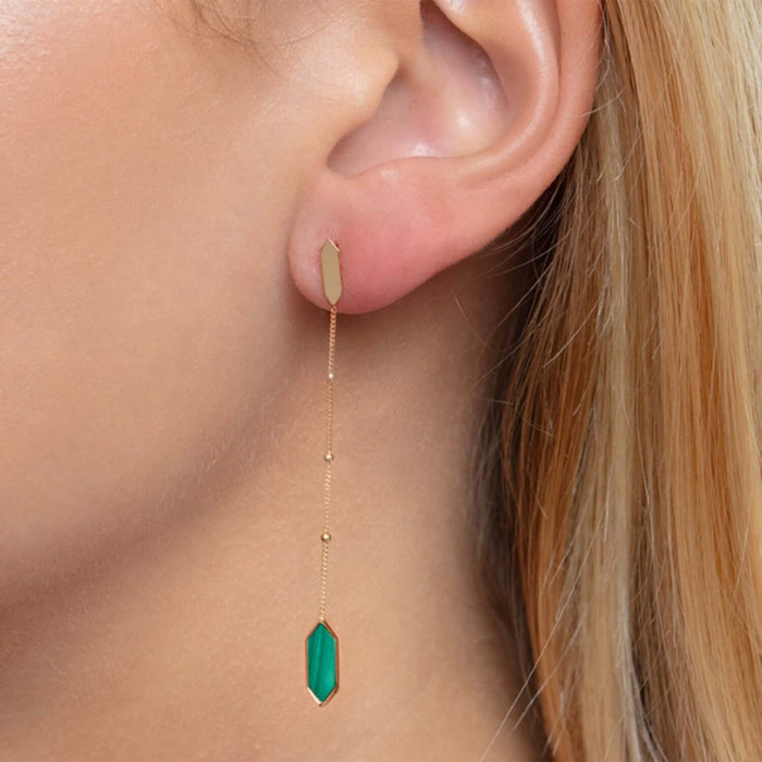 Real 14K Gold Black Onyx, Malachite, Mother of Pearl Hexagon Drop Earrings 2.3" - WJD Exclusives