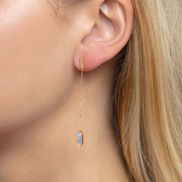 Real 14K Gold Black Onyx, Malachite, Mother of Pearl Hexagon Drop Earrings 2.3" - WJD Exclusives