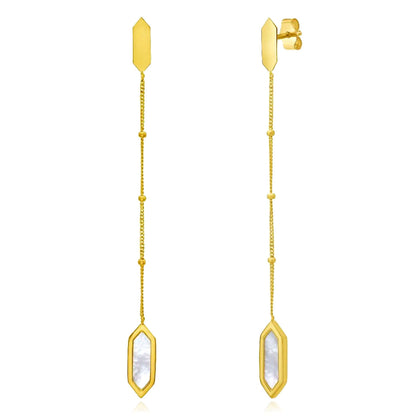 Real 14K Gold Black Onyx, Malachite, Mother of Pearl Hexagon Drop Earrings 2.3"