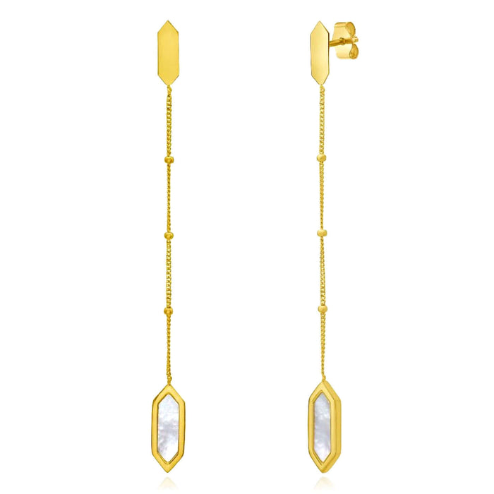 Real 14K Gold Black Onyx, Malachite, Mother of Pearl Hexagon Drop Earrings 2.3" - WJD Exclusives