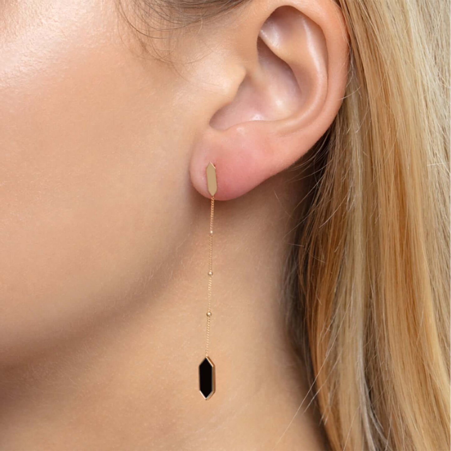 Real 14K Gold Black Onyx, Malachite, Mother of Pearl Hexagon Drop Earrings 2.3"