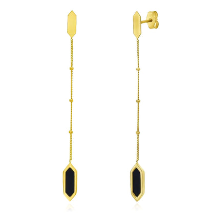 Real 14K Gold Black Onyx, Malachite, Mother of Pearl Hexagon Drop Earrings 2.3"