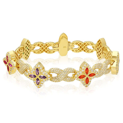5.91CTW Natural Diamond & Multicolor Marquise Gemstones 10K Yellow Gold Flower Bracelet (Solid Links) 8" - WJD Exclusives