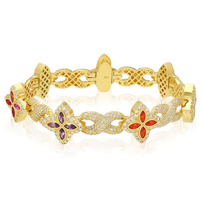 5.91CTW Real Diamond & Multicolor Marquise Gemstones Real 10K Gold Flower Bracelet 8"