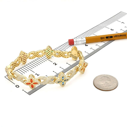 5.91CTW Real Diamond & Multicolor Marquise Gemstones Real 10K Gold Flower Bracelet 8"