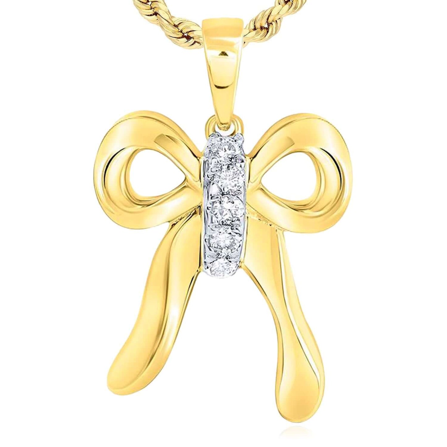 0.05CTW Natural Diamond 14K Real Yellow Gold Bow Pendant 0.6"