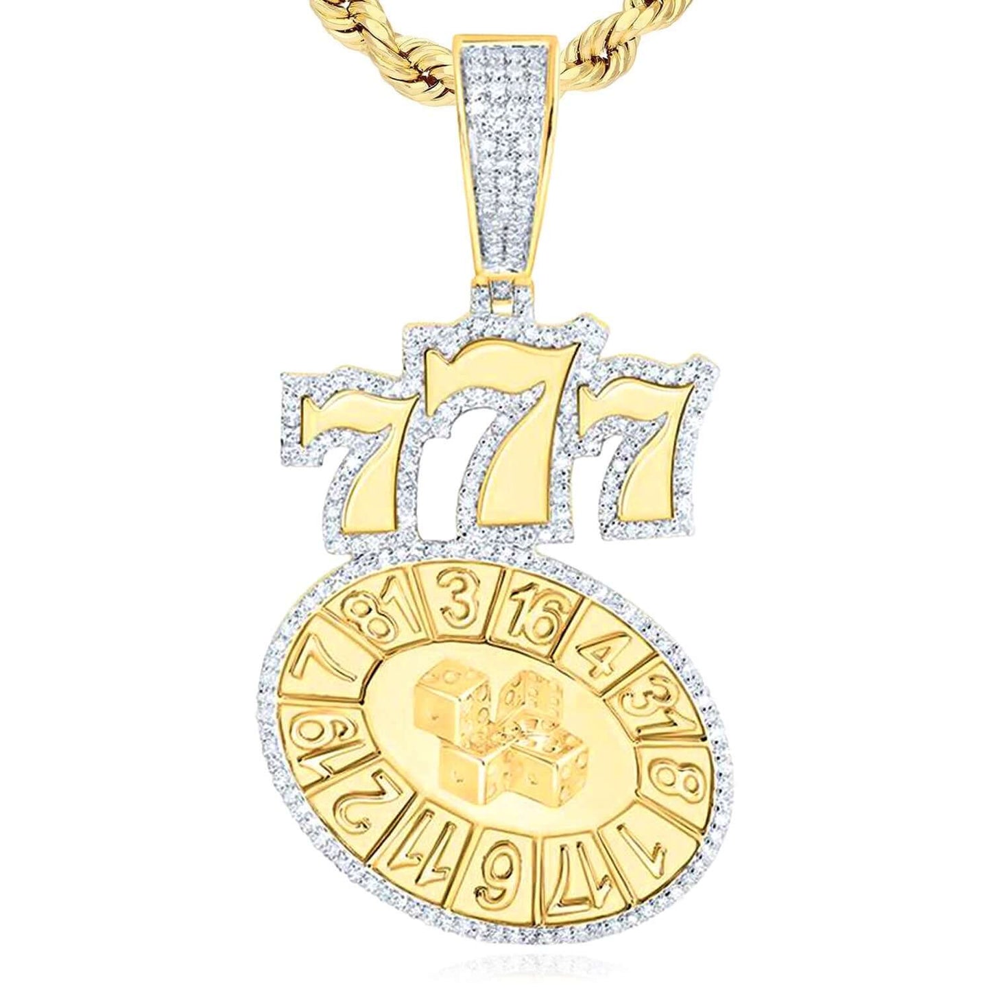 0.75CTW Real Diamond Real 10K Gold 777 Lucky Number Casino Roulette Pendant 2"