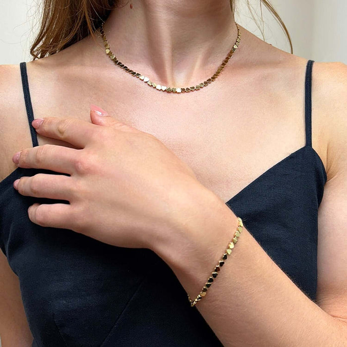 14K Yellow Gold Heart Link Necklace (15"–16") & Bracelet (5.5"–7") Set - WJD Exclusives