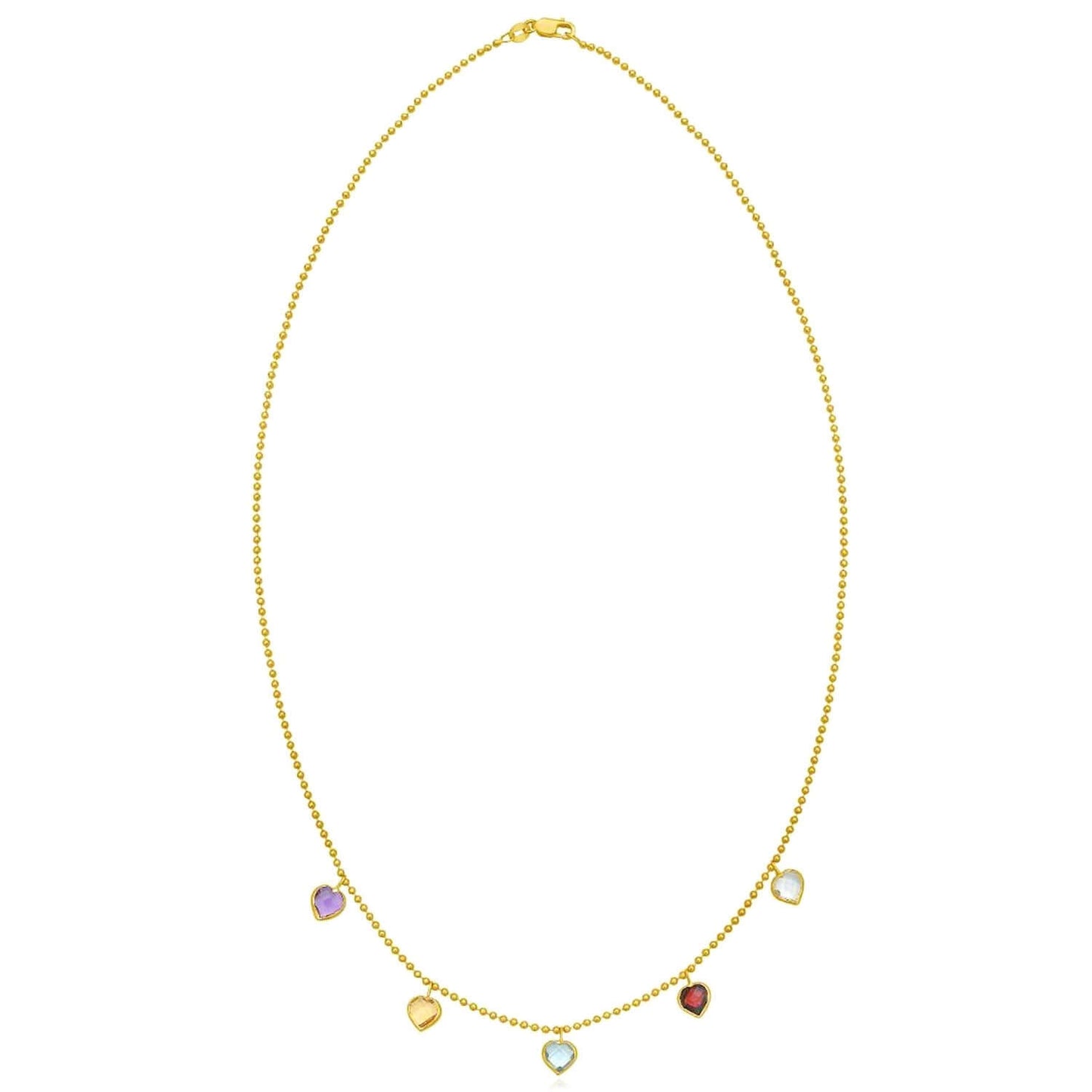 Real 14K Gold Dancing Hearts Multi-Gemstone Beaded Chain 18"