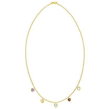 Real 14K Gold Dancing Hearts Multi-Gemstone Beaded Chain 18"