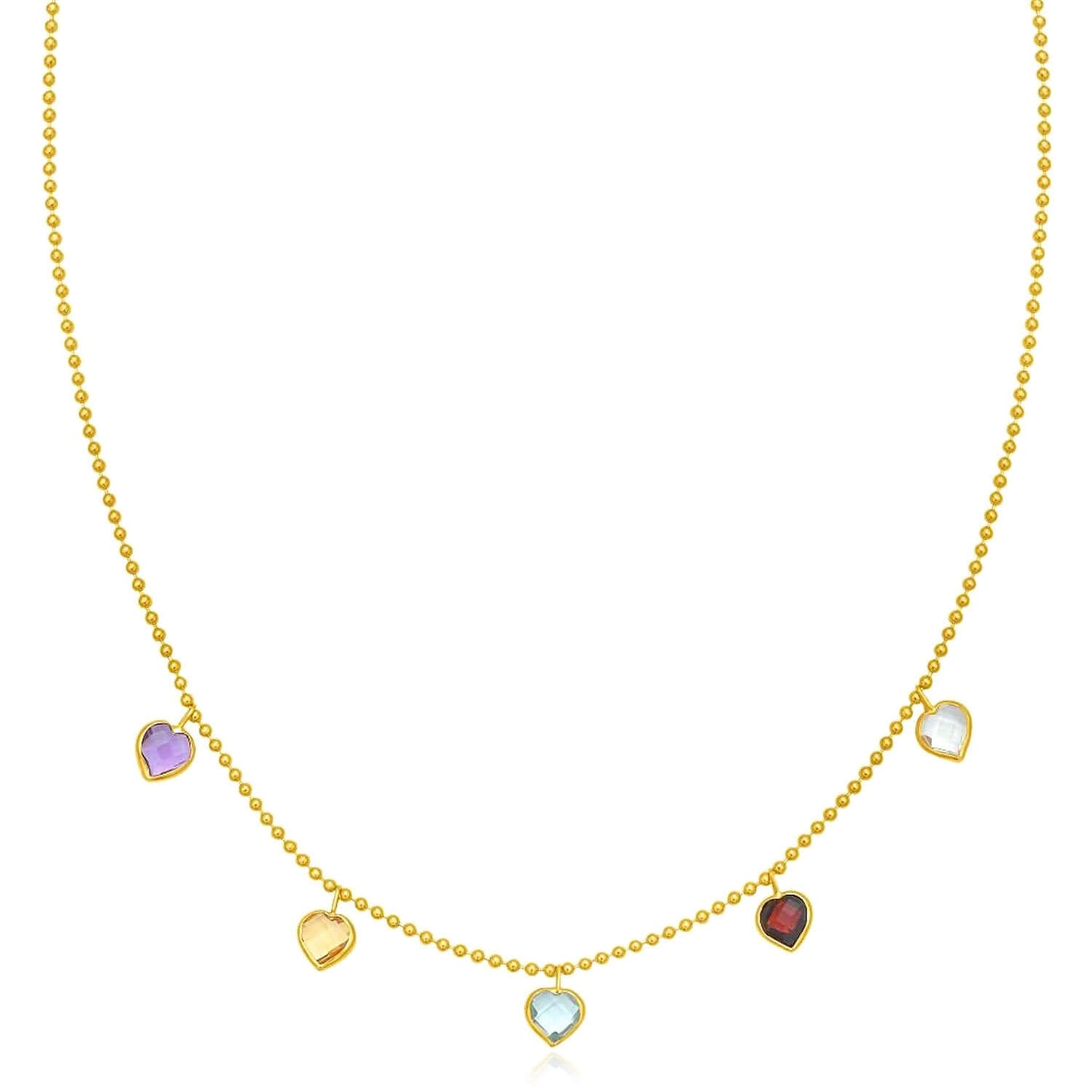 Real 14K Gold Dancing Hearts Multi-Gemstone Beaded Chain 18"