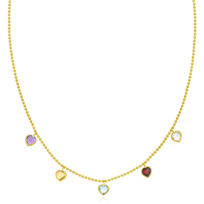 Real 14K Gold Dancing Hearts Multi-Gemstone Beaded Chain 18"