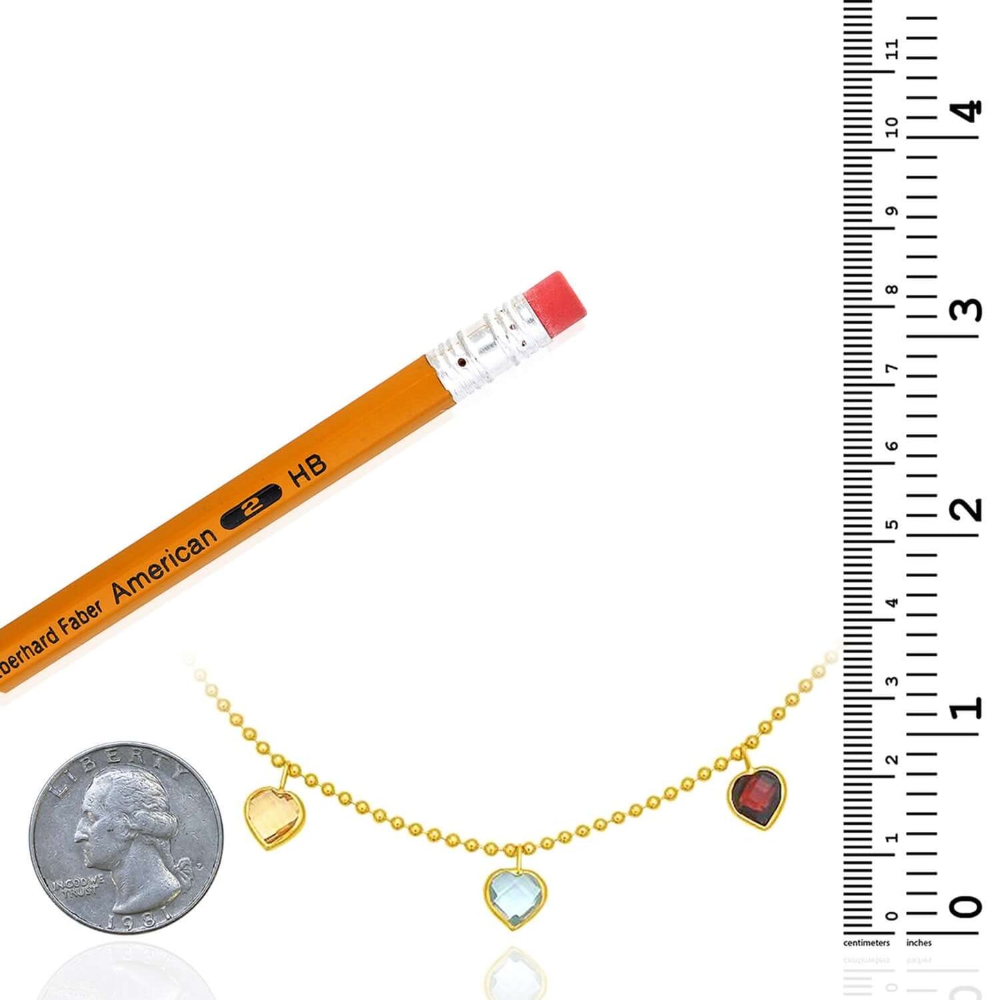 Real 14K Gold Dancing Hearts Multi-Gemstone Beaded Chain 18"