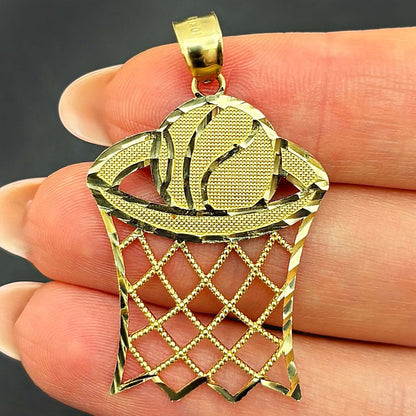 Real 10K Gold Textured Basketball Hoop Sport Pendant 1.5"