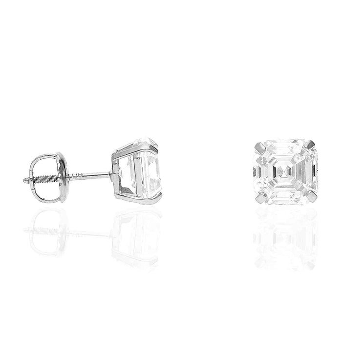 14K White Gold Asscher-Cut CZ Screw Back Stud Earrings 1.5Ct-6Ct