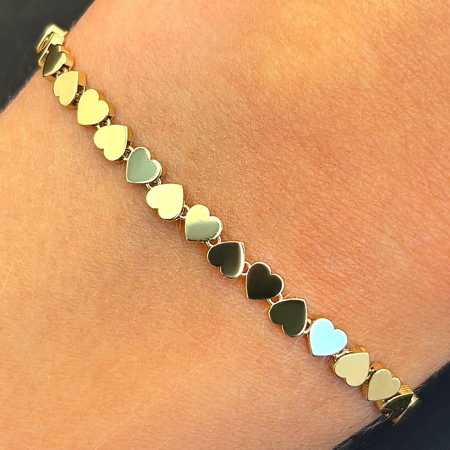Real 14K Gold 2.2mm High Polished Heart Adjustable Bracelet 5.5"-7"