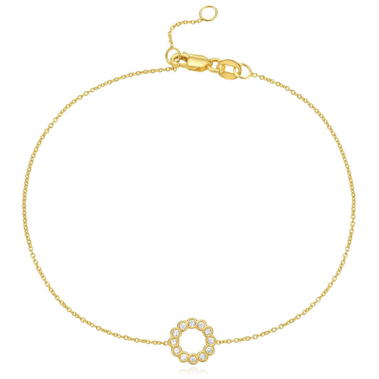 Real 14K Gold 0.06CTW Real Diamond Circle Adjustable Bracelet 6.5"-7"