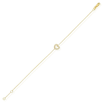 Real 14K Gold 0.06CTW Real Diamond Petite Heart Adjustable Bracelet 6.5"-7"