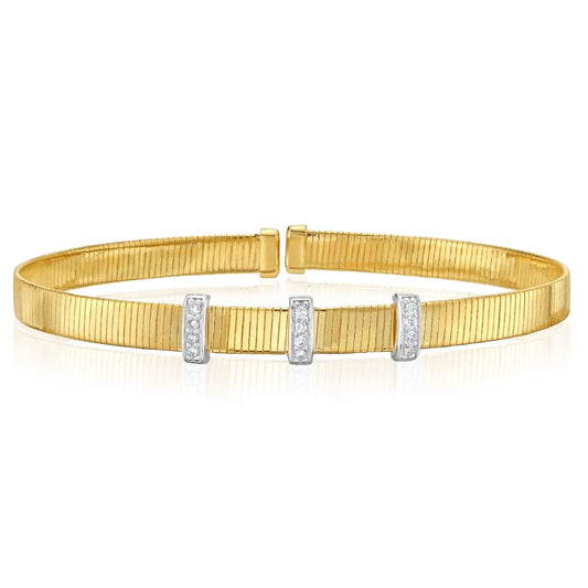 Real 14K Two-Tone Gold 0.11CTW Real Diamond 6.5mm Station Bar Omega Cuff Bracelet