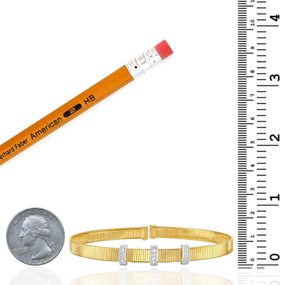 Real 14K Two-Tone Gold 0.11CTW Real Diamond 6.5mm Station Bar Omega Cuff Bracelet