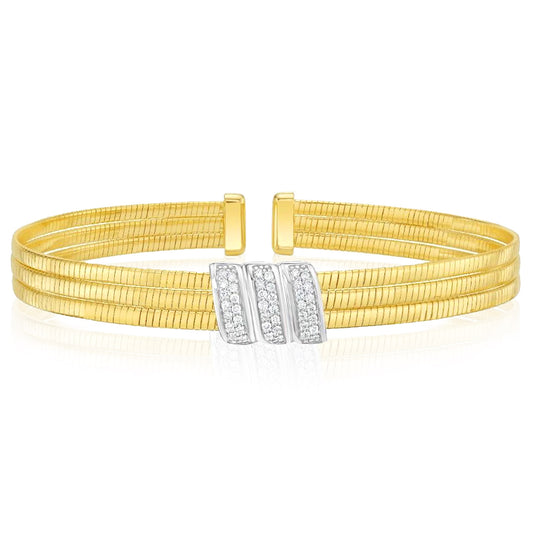 Real 14K Two-Tone Gold 0.21CTW Real Diamond Triple Row Omega Bangle Cuff Bracelet