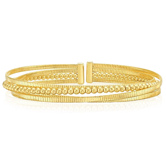 Real 14K Gold 8mm Omega & Beaded Layered Cuff Bracelet
