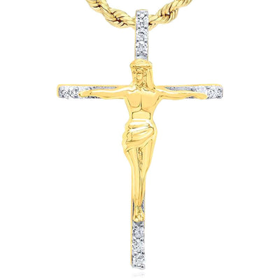 Real 10K Gold 0.10TCW Natural Diamond Jesus Cross Pendant 1" - WJD Exclusives