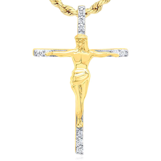 Real 10K Gold 0.10TCW Real Diamond Jesus Cross Pendant 1"