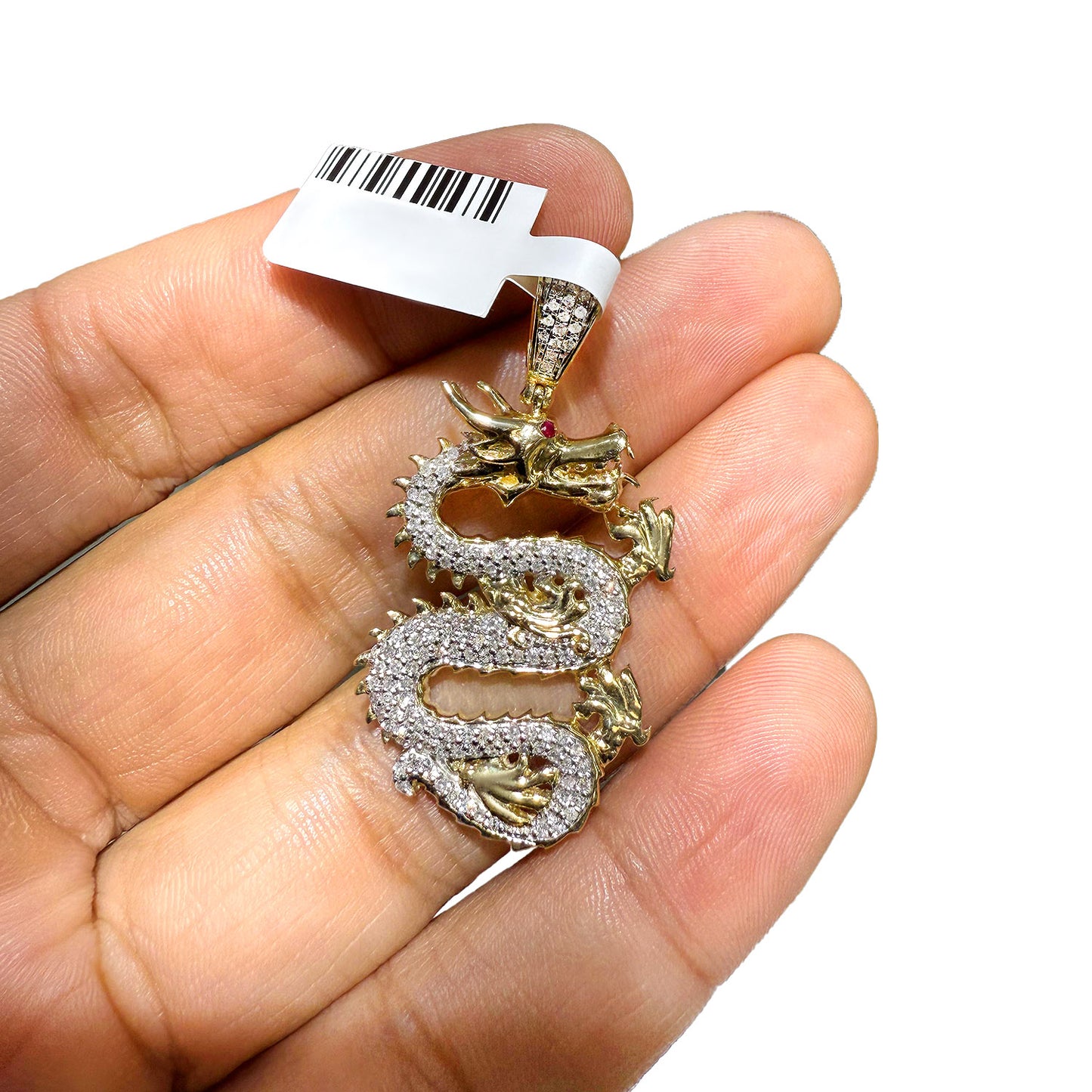0.65TCW Real Diamond & Red Ruby Real 10K Gold Dragon Pendant 1.77"