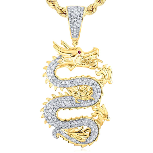 0.65TCW Real Diamond & Red Ruby Real 10K Gold Dragon Pendant 1.77"