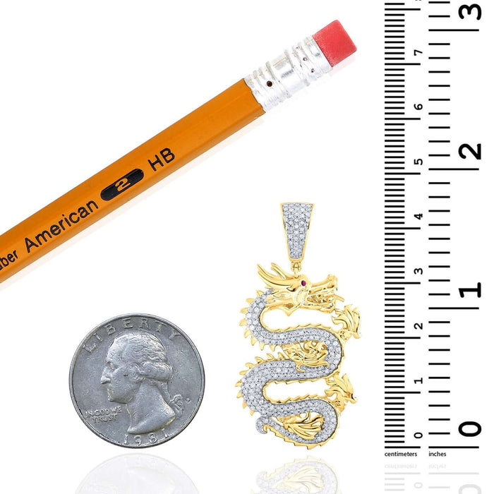 0.65TCW Natural Diamond & Red Ruby Real 10K Gold Dragon Pendant 1.77" - WJD Exclusives