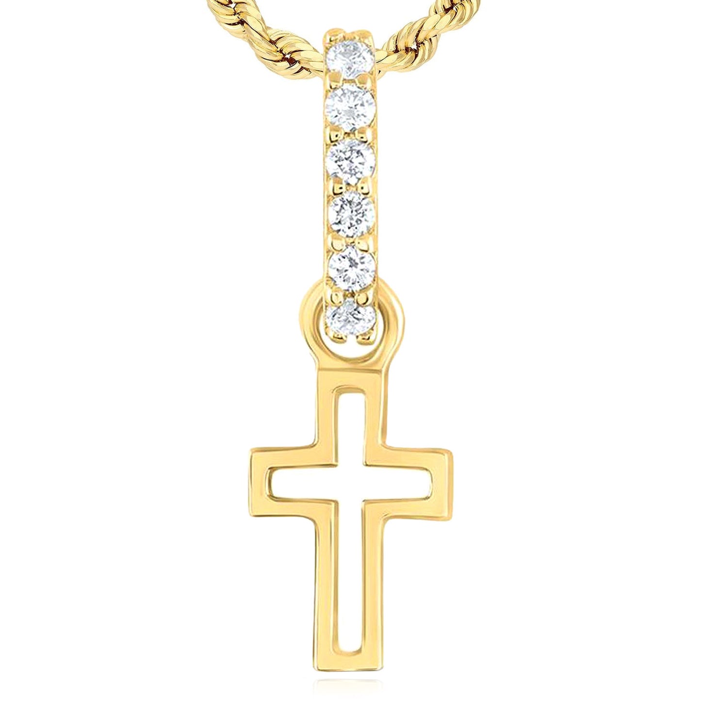 0.05CTW Real Diamond Real 14K Yellow White Gold Open Cross Pendant 0.7"