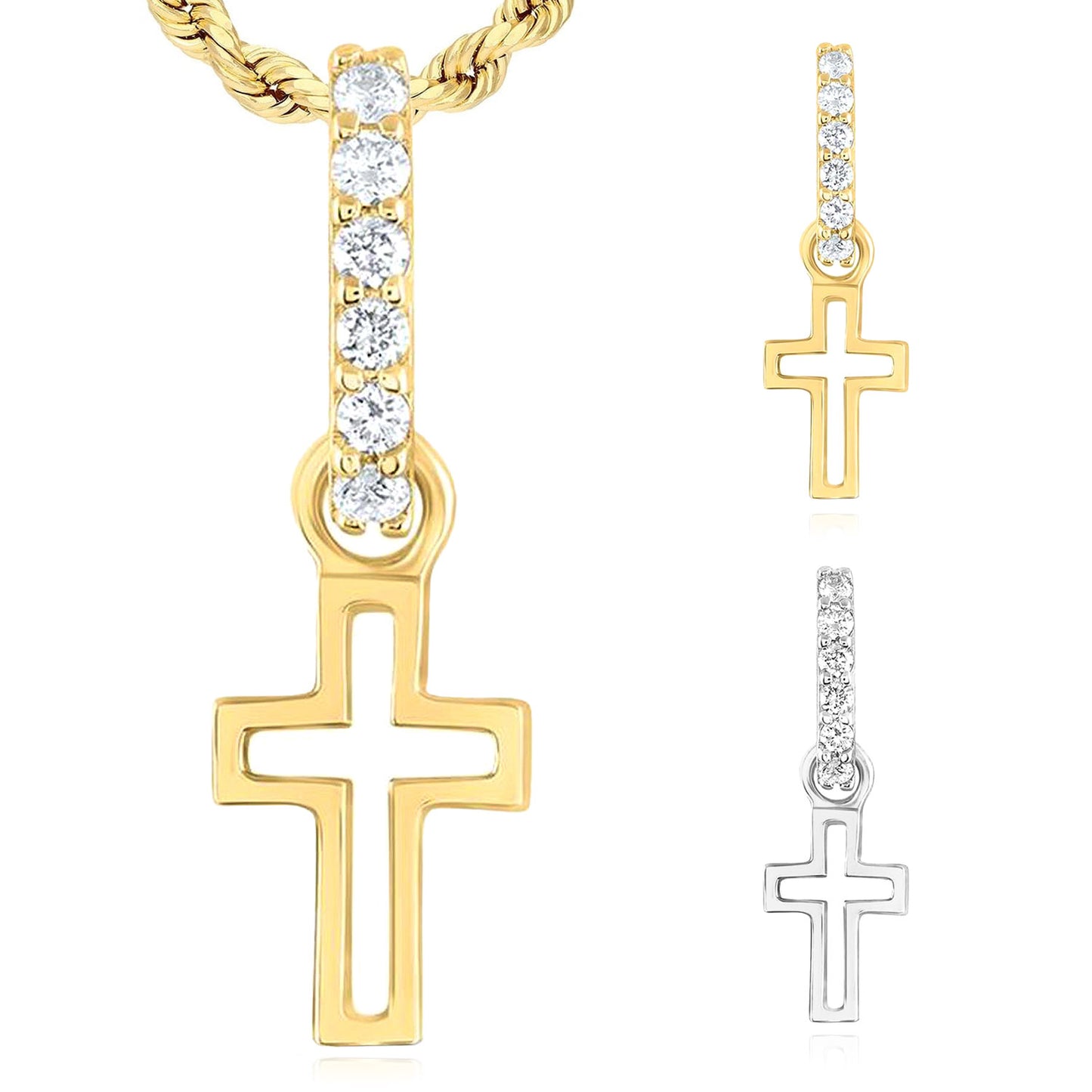 0.05CTW Real Diamond Real 14K Yellow White Gold Open Cross Pendant 0.7"