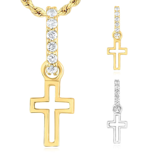 0.05CTW Real Diamond Real 14K Yellow White Gold Open Cross Pendant 0.7"