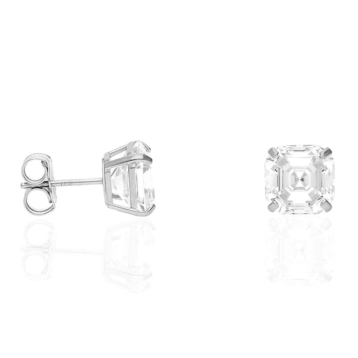 14K White Gold Asscher-Cut CZ Push Back Stud Earrings 1.5Ct-6Ct