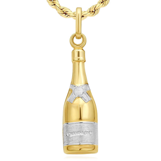 Real 14K Two-Tone Gold Champagne Bottle Charm Pendant 1"